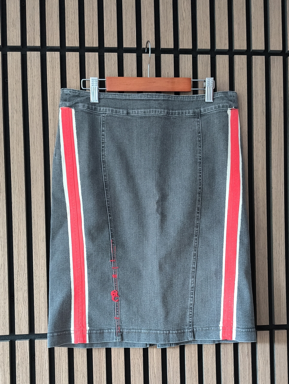 Elisa Cavaletti Gray Denim Pencil Skirt with Red & White Side Stripes Made In It